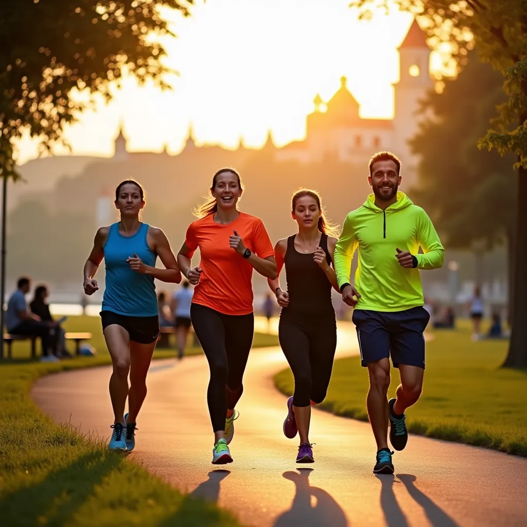 Group of mature athletes running together in a scenic location